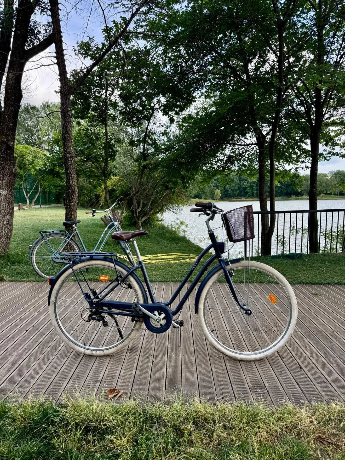 En mørkeblå cruisercykel parkeret på et trædæk ved søen og træerne
