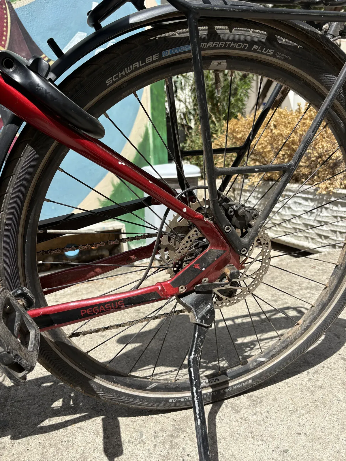 Pegasus rear drivetrain, disc brake and Schwalbe Marathon Plus tyre