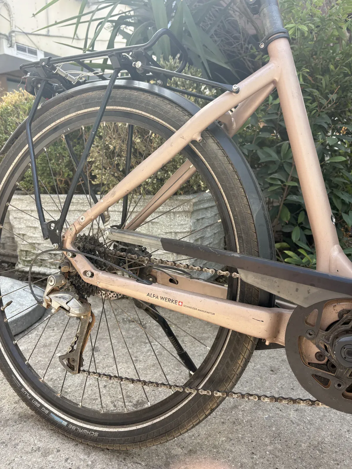 Cresta Shimano Alivio drivetrain, rack and Schwalbe Big Ben Plus tyre