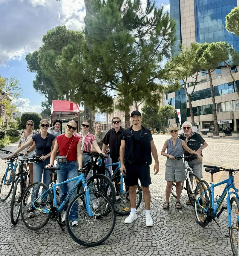 BikeTirana guides riding together through the city