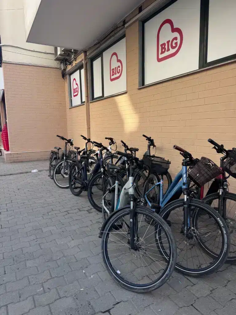e bikes in tirana available for rent outside of biketirana shop in new bazaar